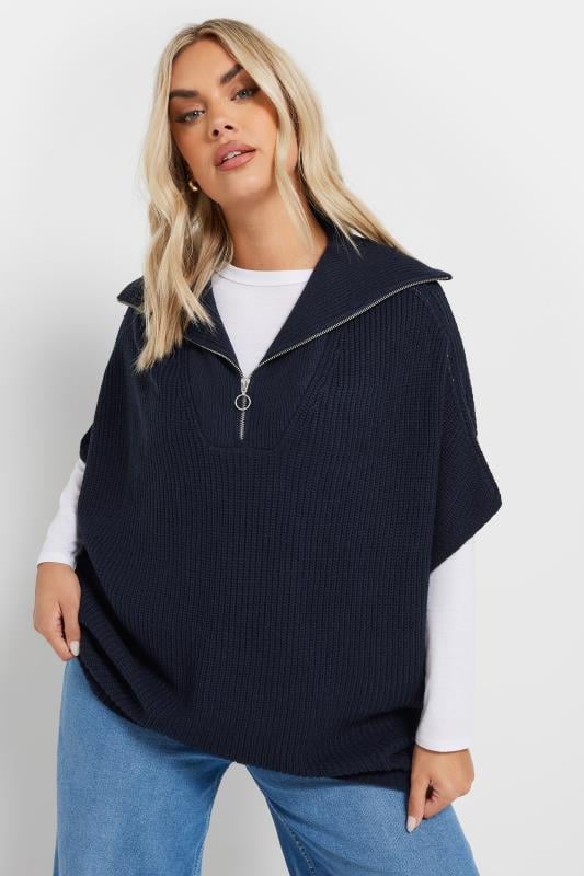 Evans YOURS Curve Navy Blue Quarter Zip Short Sleeve Jumper