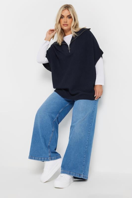 Evans YOURS Curve Navy Blue Quarter Zip Short Sleeve Jumper