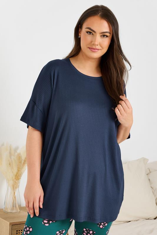 Evans YOURS Curve Navy Blue Ribbed Soft Touch Pyjama Top