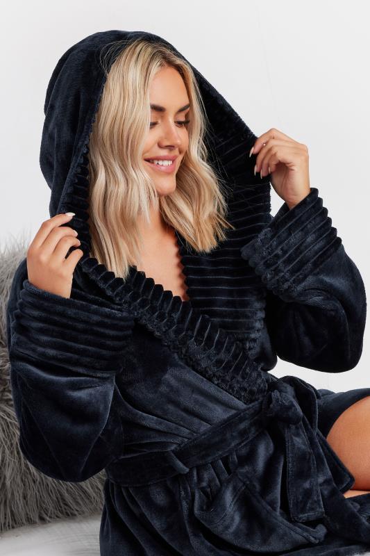 Evans YOURS Curve Navy Blue Ribbed Trim Hooded Dressing Gown