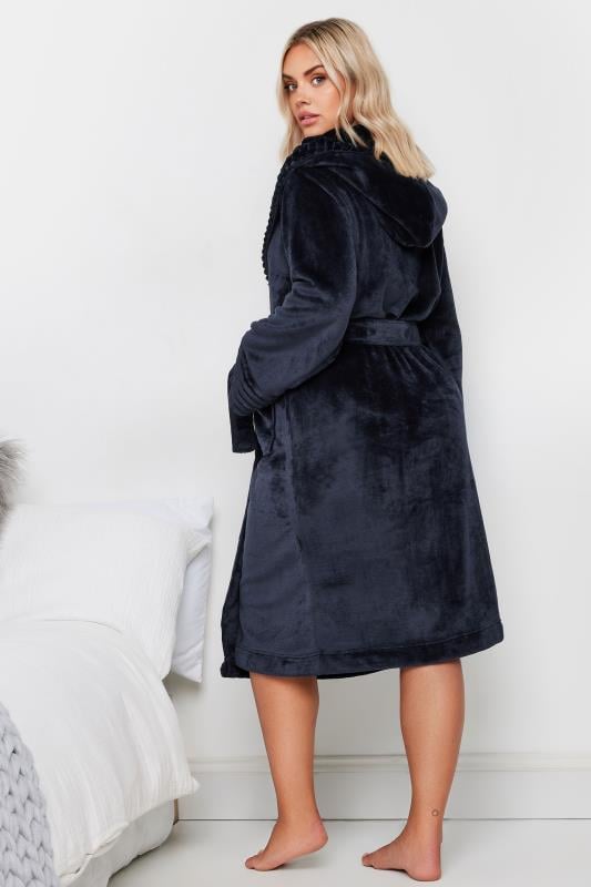 Evans YOURS Curve Navy Blue Ribbed Trim Hooded Dressing Gown