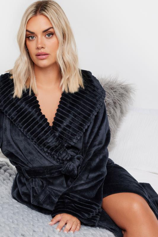 Evans YOURS Curve Navy Blue Ribbed Trim Hooded Dressing Gown