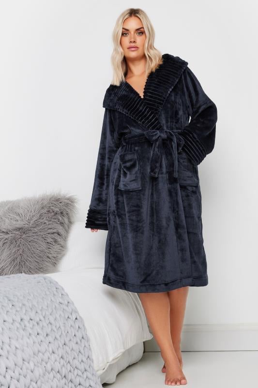 evans YOURS Curve Navy Blue Ribbed Trim Hooded Dressing Gown