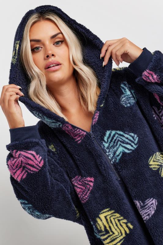 Evans YOURS Curve Navy Blue Soft Touch Animal Heart Print Snuggle Hoodie