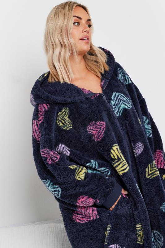 Evans YOURS Curve Navy Blue Soft Touch Animal Heart Print Snuggle Hoodie