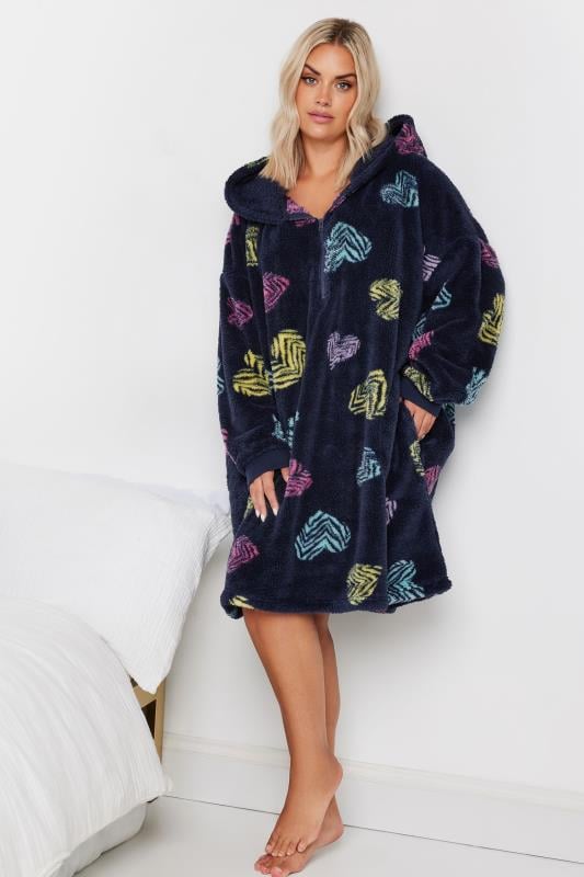 evans YOURS Curve Navy Blue Soft Touch Animal Heart Print Snuggle Hoodie