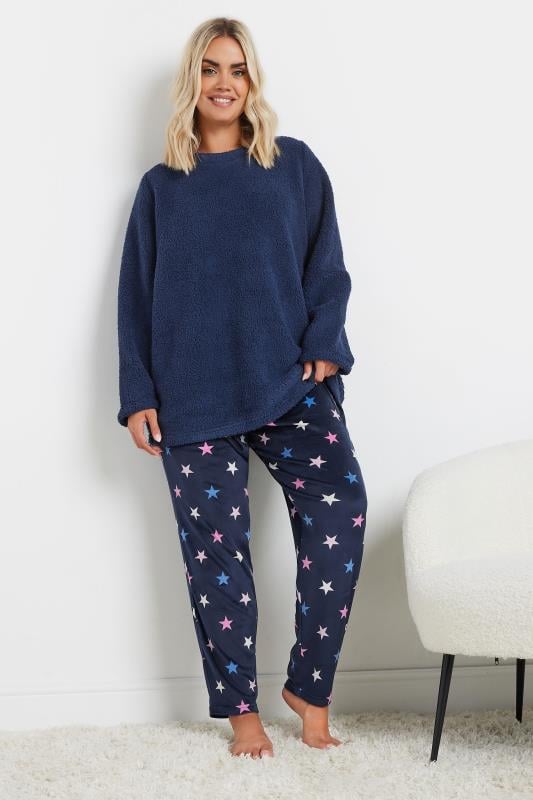 Evans YOURS Curve Navy Blue Star Print Borg Lounge Set