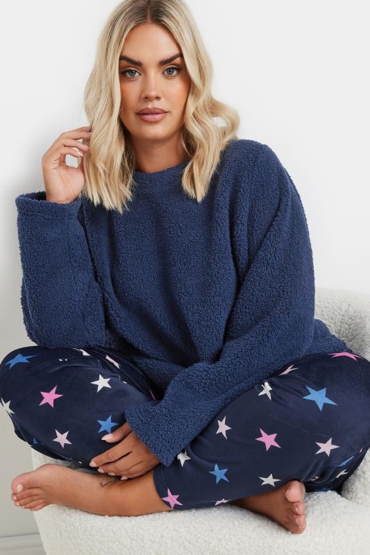 Evans YOURS Curve Navy Blue Star Print Borg Lounge Set