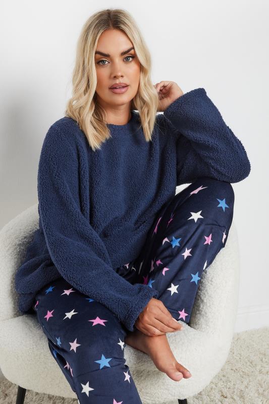 evans YOURS Curve Navy Blue Star Print Borg Lounge Set