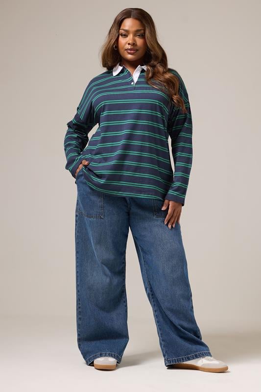 Evans YOURS Curve Navy Blue Stripe Rugby Collar Top