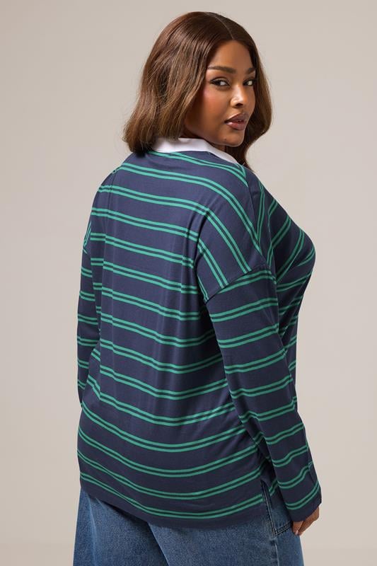 Evans YOURS Curve Navy Blue Stripe Rugby Collar Top