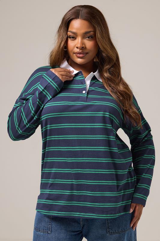 evans YOURS Curve Navy Blue Stripe Rugby Collar Top