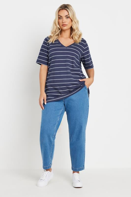 Evans YOURS Curve Navy Blue Stripe Short Sleeve T-Shirt