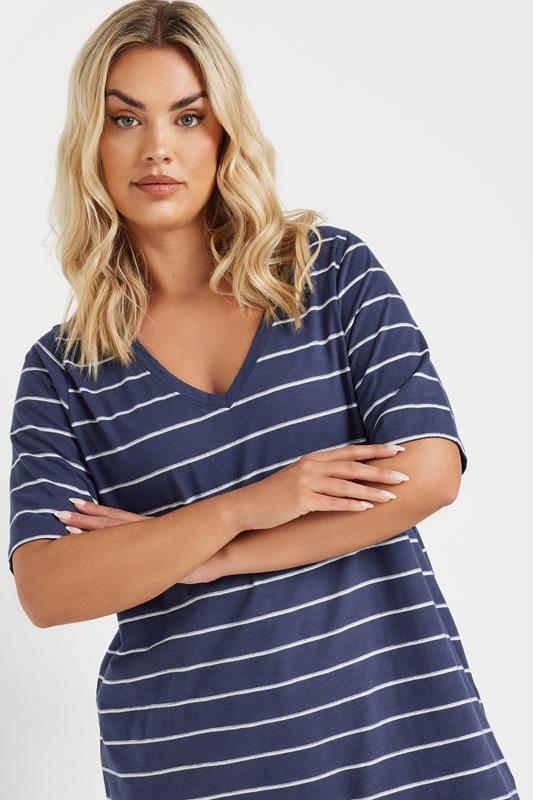 Evans YOURS Curve Navy Blue Stripe Short Sleeve T-Shirt