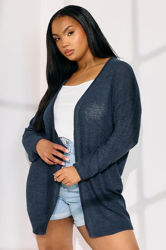 evans YOURS Curve Navy Blue Tape Yarn Midi Cardigan
