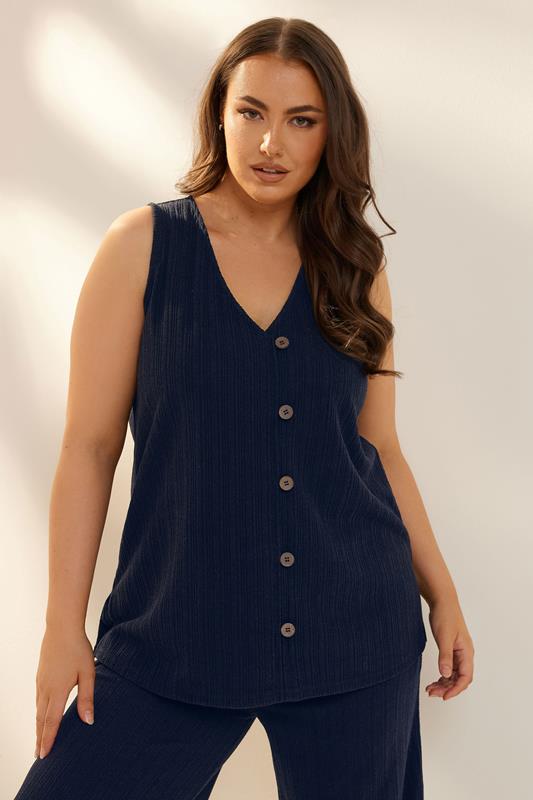 Evans YOURS Curve Navy Blue Textured Button Front Waistcoat