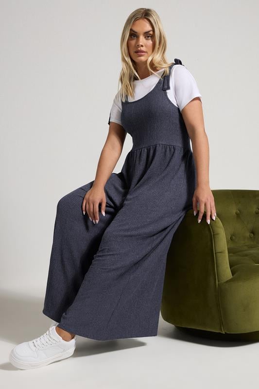 Evans YOURS Curve Navy Blue Textured Wide Leg Jumpsuit