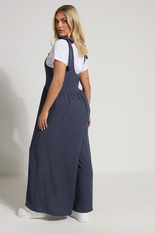 Evans YOURS Curve Navy Blue Textured Wide Leg Jumpsuit