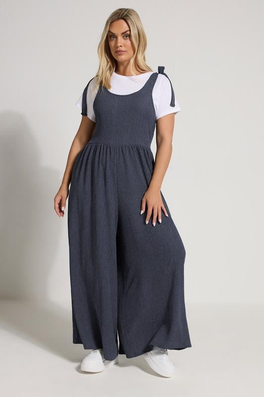 evans YOURS Curve Navy Blue Textured Wide Leg Jumpsuit