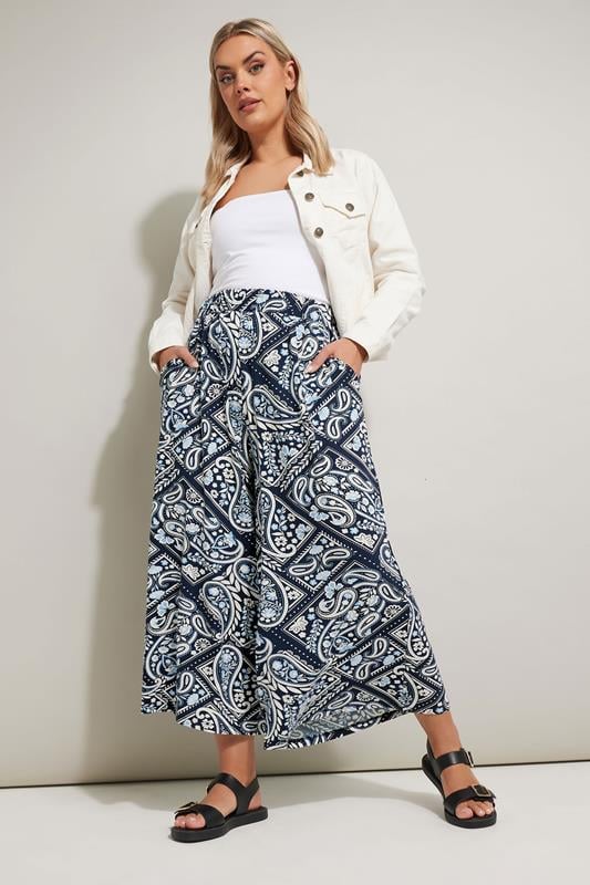 Evans YOURS Curve Navy Blue Tile Print Midaxi Culottes