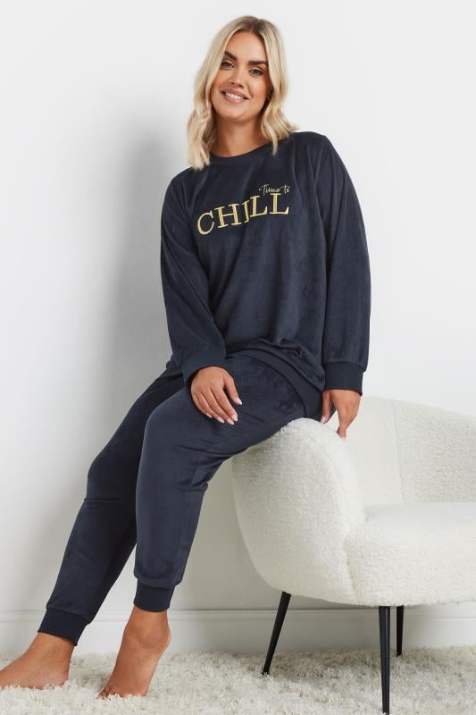 Evans YOURS Curve Navy Blue 'Time To Chill' Soft Fleece Loungewear Set