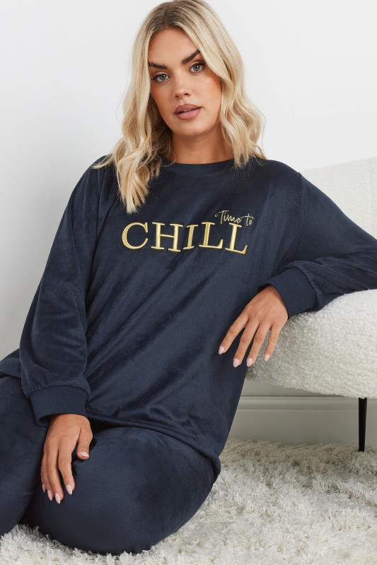 Evans YOURS Curve Navy Blue 'Time To Chill' Soft Fleece Loungewear Set