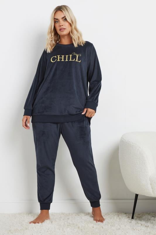 evans YOURS Curve Navy Blue 'Time To Chill' Soft Fleece Loungewear Set
