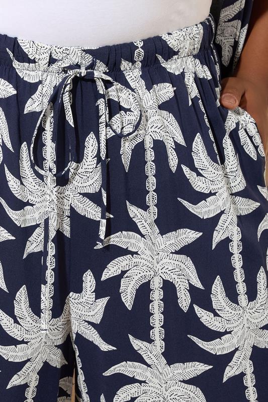 Evans YOURS Curve Navy Blue Tropical Palm Wide Leg Trousers