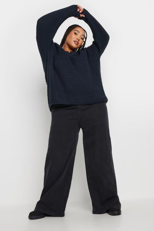 Evans YOURS Curve Navy Blue Waffle Knit V-Neck Jumper