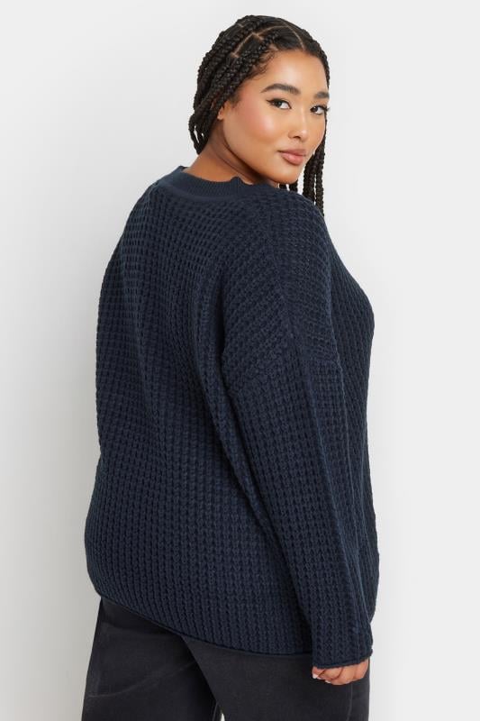 Evans YOURS Curve Navy Blue Waffle Knit V-Neck Jumper