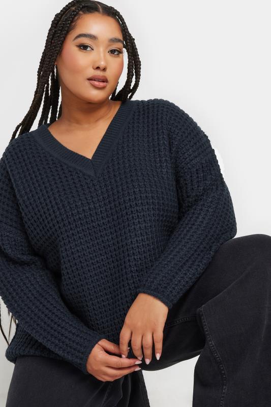 Evans YOURS Curve Navy Blue Waffle Knit V-Neck Jumper