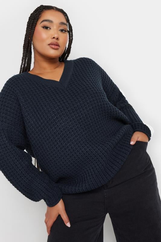 evans YOURS Curve Navy Blue Waffle Knit V-Neck Jumper