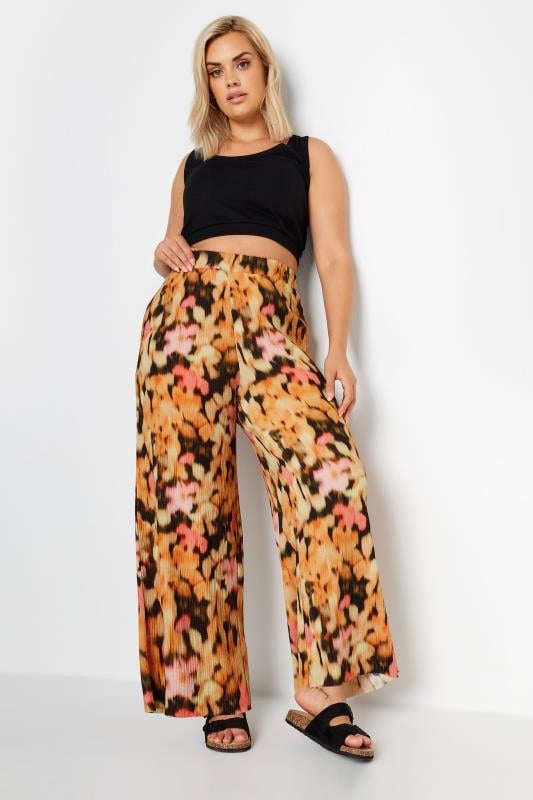 Evans YOURS Curve Orange Floral Print Textured Wide Leg Trousers