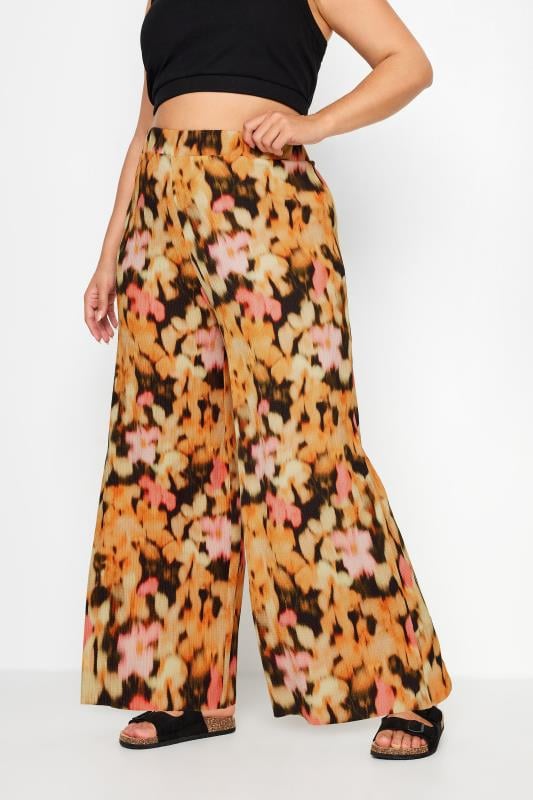 evans YOURS Curve Orange Floral Print Textured Wide Leg Trousers