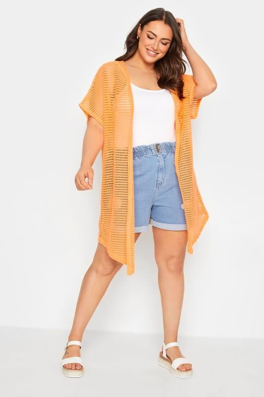 evans YOURS Curve Orange Grown On Sleeve Crochet Cardigan