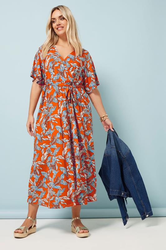 Evans YOURS Curve Orange Leaf Print Wrap Midaxi Dress