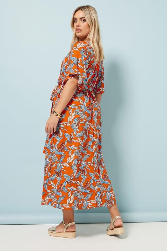 Evans YOURS Curve Orange Leaf Print Wrap Midaxi Dress