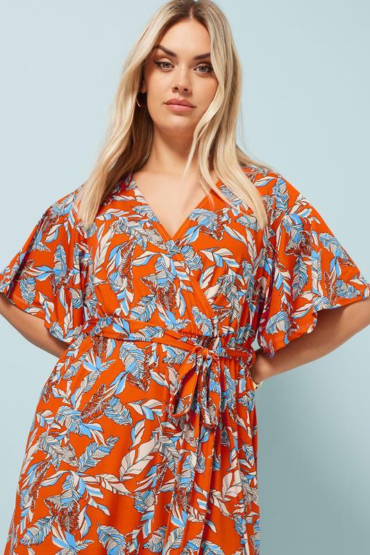 Evans YOURS Curve Orange Leaf Print Wrap Midaxi Dress