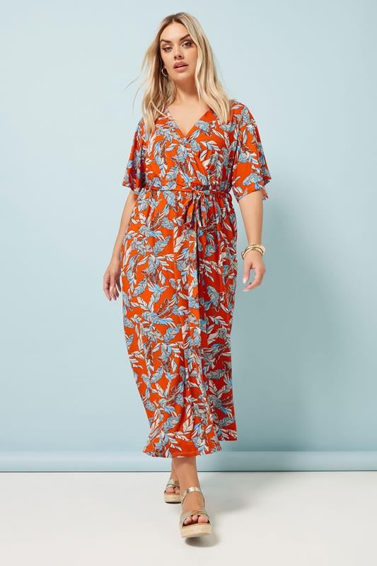 evans YOURS Curve Orange Leaf Print Wrap Midaxi Dress