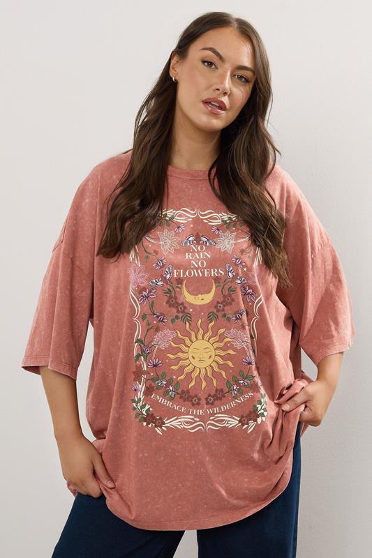 Evans YOURS Curve Orange 'No Rain No Flowers' Graphic Oversized T-Shirt