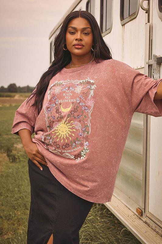 evans YOURS Curve Orange 'No Rain No Flowers' Graphic Oversized T-Shirt