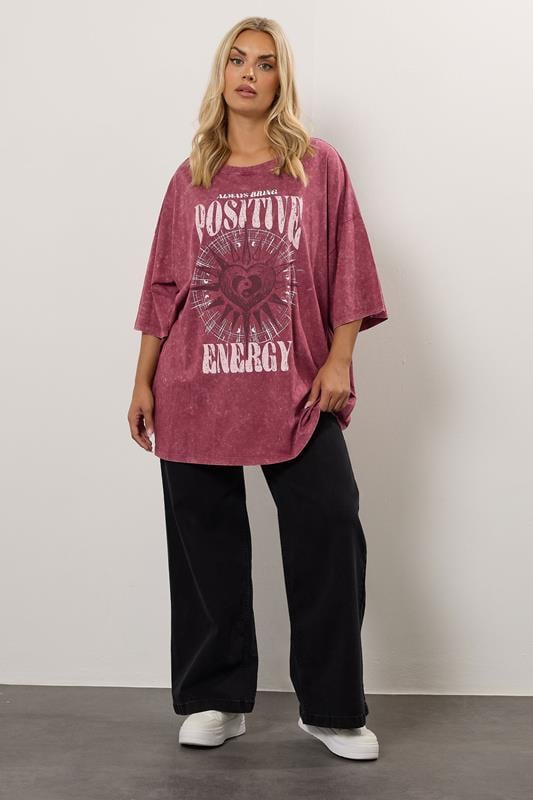 Evans YOURS Curve Pink Acid Wash 'Positive Energy' Oversized T-Shirt