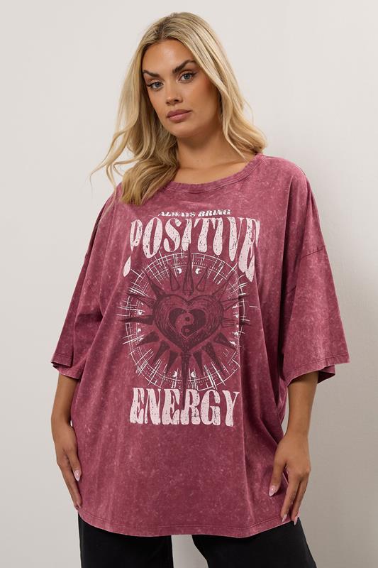 evans YOURS Curve Pink Acid Wash 'Positive Energy' Oversized T-Shirt
