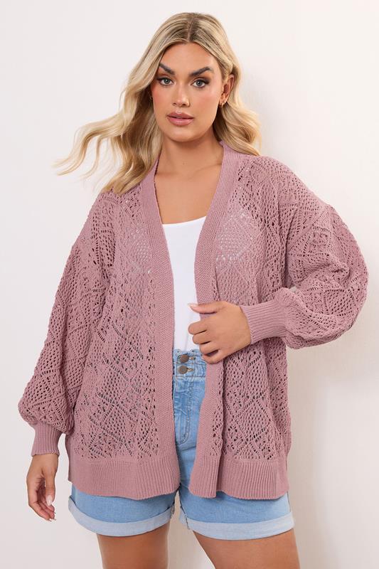 evans YOURS Curve Pink Balloon Sleeve Knitted Cardigan