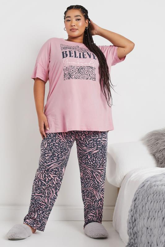 Evans YOURS Curve Pink 'Believe' Leopard Print Pyjama Set