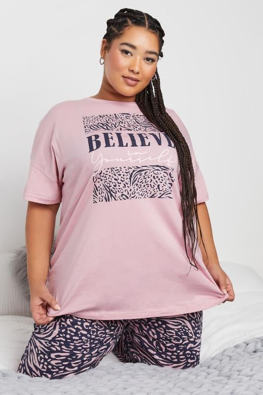 Evans YOURS Curve Pink 'Believe' Leopard Print Pyjama Set