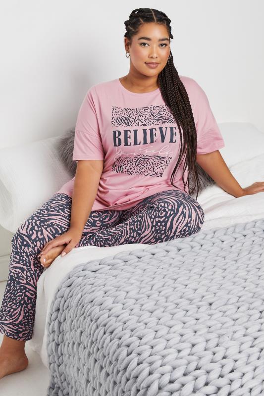 evans YOURS Curve Pink 'Believe' Leopard Print Pyjama Set