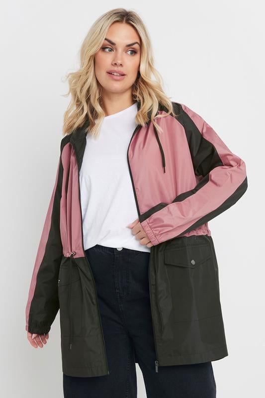 evans YOURS Curve Pink & Black Colourblock Lightweight Parka Jacket