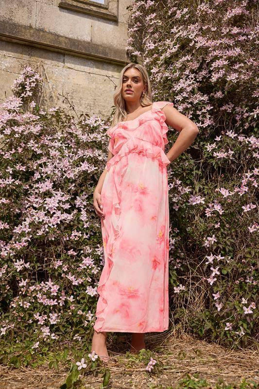 Evans YOURS Curve Pink Blurred Floral Print Ruffle Maxi Dress