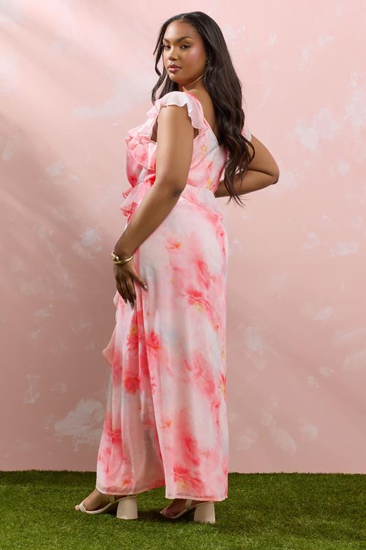 Evans YOURS Curve Pink Blurred Floral Print Ruffle Maxi Dress